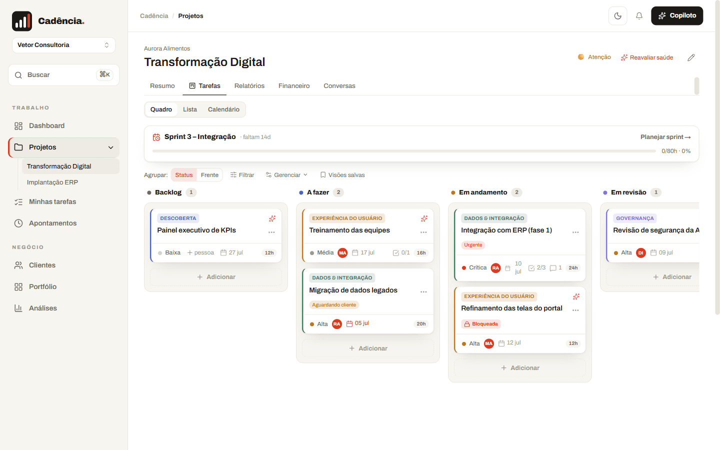 Kanban do Cadência com colunas, frentes coloridas e pills de status
